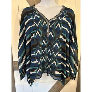Lane Bryant Blue Black Geometric Silver Beaded V-Neck Sheer Tunic Blouse 26/28